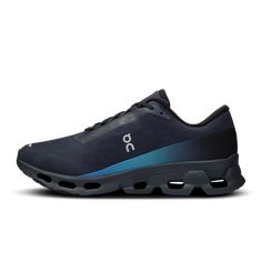 the on cloud running shoe in black and blue