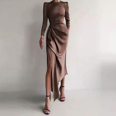 Gorgeous Dress For Any Event! Long Sleeve Satin-Like Chocolate Brown Dress, Side Slit, Detachable Belt, Flattering Figure. Shoulder Puffs Are Not As Pronounced As On The Model Picture. See Video For Better Understanding. Dresses Are Unlined, Not See Through. A Bit Wrinkly, But That'll Go Away When You Hang The Dress. Also Available In Cloudy Blue! Sizes Available: Medium, Large Measurements: Medium: 15" Shoulders 22" Sleeve Length 19.5" Pit To Pit 16" Waist Lying Flat 22" Hips Lying Flat (Meant Solid Maxi Dress, White Mini Dress Outfit, Chique Outfits, Maxi Dresses Fall, Satin Maxi Dress, Elegant Party, Women Maxi, Evening Dresses Long, Looks Style