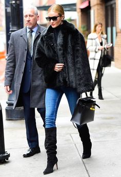 Glam black faux fur Toteme coat and knee high suede boots on Rosie H - 8 Celebrity Jean-and-Boot Outfits We All Need to Copy | Who What Wear #winterstyle #fauxfur #2019fashiontrends Black Slouchy Boots Outfit, Black Suede Boots Outfit, Slouchy Boots Outfit, Suede Boots Outfit, Faux Fur Coats Outfit, Outfits With Boots, Celebrity Jeans, Fur Coat Outfit, Black Fur Coat