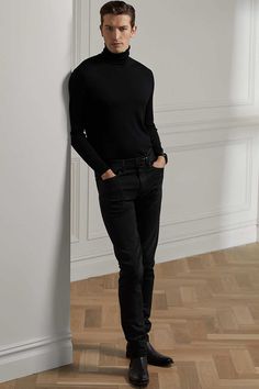 Mne's black jeans and black turtleneck outfit. This outfit first appeared in the article: Men’s Black Jeans Outfit Inspiration: 16 Cool Looks For 2022, on MensFlair.com Mens Black Jeans Outfit, Turtle Neck Outfit Men, Jeans Outfit Inspiration, Turtleneck Outfit Men, Black Turtleneck Outfit, 60s Fashion Trends, Turtleneck Outfits, Cool Looks, Black Outfit Men