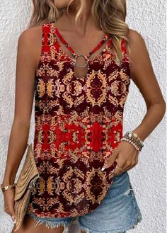 Color:Red;Size:S;Size:M;Size:L;Size:XL;Size:XXL;Package Contents:1 X Tank Top;Style:Bohemian; Sleeveless Printed Tops For Festivals, Red Printed Summer Tank Top, Red Sleeveless Tank Top For Beach, Sleeveless Red Tank Top For Beach, Red Sleeveless Tank Top For Summer, Red Sleeveless Tank Top For The Beach, Red Sleeveless Tank Top For Vacation, Red Sleeveless Beach Top, Red Tank Top For Vacation