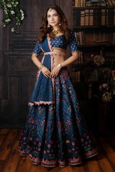 Shop for Archana Kochhar Blue Raw Silk Lagoon Printed Lehenga Set for Women Online at Aza Fashions Lehenga And Blouse, Green Lehenga, Blue Lehenga, Pink Lehenga, Net Dupatta, Silk Dupatta, Designer Gowns, Floral Motifs, Raw Silk