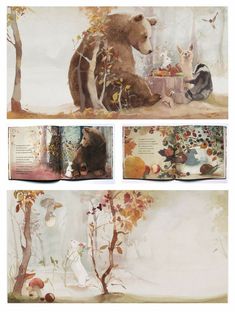 an open book with illustrations of bears and other animals