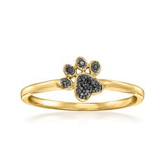 Ross-Simons - Black Diamond-Accented Paw Print Ring in 14kt Yellow Gold. Size 6. A fashionable way to honor your fur baby, our charming paw print ring sparkles with round black diamond accents in polished 14kt yellow gold for a classic glow. Black rhodium. 1/4" wide. Black diamond-accented paw print ring. Diamond birthstones are the perfect gift for April birthdays. Paw Print Ring, April Birthday, Diamond Birthstone, Sparkling Rings, Jewelry Rings Diamond, Black Rhodium, Ring Diamond, Black Diamond, Diamond Rings