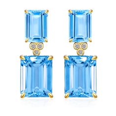 14K Solid Gold or Sterling Silver 4 Pieces 7 x 9 & 5 x 7 mm Topaz｜Swiss Blue｜Emerald-Cut｜Eye Clean Topaz CTW: 9.00 Diamond Grade: G Color｜VS Clarity Diamond CTW: 0.03 Measurements: 3/4 " length｜1/2 " width Convertible Earrings, Gemstone Drop Earrings, Blue Topaz Stone, Drop Design, Yellow Gold Setting, Topaz Earrings, Swiss Blue Topaz, Diamond Drop Earrings, Antique Earrings