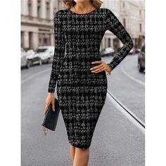 -Item Id 42682968 -Details: Split -Neckline: Round Neck -Sleeve Type: Regular Sleeve -Style: Elegant -Type: Bodycon -Waist Line: Natural -Hem Shaped: Pencil -Color: Black And White -Pattern Type: Plaid -Sleeve Length: Long Sleeve -Fit Type: Slim Fit -Length: Knee Length -Material: Knitted Fabric -Composition: 92% Polyester, 8% Elastane -Care Instructions: Machine Wash Or Professional Dry Clean -Sheer: No -Fabric: High Stretch **Open To Offers!!!** **Bundle To Save More** **30% Off Bundles Of 2 O Professional Dress For Women, Plaid Sleeve, Sleeve Women, Professional Dresses, Women Midi, Classy Chic, Plain Design, Chic Boutique, Style Elegant