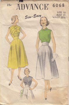 Advance 6068 Sleeveless Blouse Skirt Sew Easy Vintage Pattern Unprinted 1940s Fitted Skirt In 1950s Style For Summer, Fitted 1950s Style Summer Skirt, Vintage Full Skirt For Daywear, Vintage Daywear Dresses With Gathered Skirt, Fitted Vintage Dress With Lined Skirt, Vintage Fitted Dress With Lined Skirt, Vintage Dresses With Gathered Skirt For Daywear, Fitted Retro Skirt For Daywear, Retro Fitted Skirt For Daywear