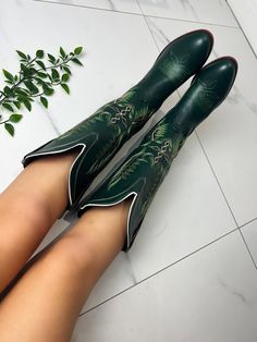 🤍Faster shipping on Diastudios.co.uk  Vegan 🌱 Sizes available: 3-8 UK sizing 🤍If you love these, check out my website, for discounts and new items: (Faster delivery for UK orders also available) diastudios.co.uk  🤍Discount code: 'NEWBIE' Fitted Round Toe Heeled Boots For Rodeo, Fitted Green Knee-high Boots, Green Fitted Winter Boots, Fitted Green Winter Boots, Western Green Snip Toe Boots, Green Leather Western Boots, Rodeo Mid-calf Boots, Green Knee-high Heeled Boots For Fall, Western Style Fitted Mid-calf Heeled Boots