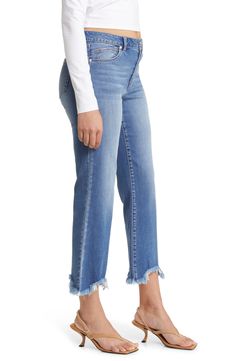 Keep it casual and cool in these faded high-waist jeans styled with light distressing and fringed, flared hems. 26" inseam; 18" leg opening; 10" front rise; 16" back rise Zip fly with button closure Five-pocket style 46% lyocell, 26% cotton, 15% rayon, 12% polyester, 1% spandex Machine wash, tumble dry Imported Women's Clothing Fall Medium Wash Jeans With Frayed Hem, Denim Flare Jeans With Frayed Hem For Fall, Casual High-waist Jeans With Fringe, Cutoff Light Wash Flare Jeans For Fall, Fall Light Wash Cutoff Flare Jeans, Fall Cutoff Light Wash Flare Jeans, Denim Blue Cropped Jeans With Frayed Hem For Fall, Fall Cropped Denim Blue Jeans With Frayed Hem, Fall Cropped Denim Jeans With Frayed Hem