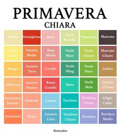 the color scheme for primaveraa chiara, which includes different colors and names