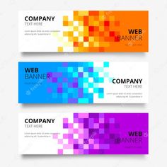 three colorful banners with squares and text on the bottom, one is for web banner