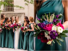 the bridesmaids are holding their bouquets and posing for pictures