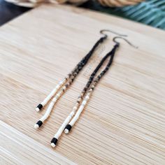 "These minimalist beaded earrings are subtle yet striking. They are handwoven with durable yet flexible thread to allow them to move freely and not hang stiffly from your ears. They are incredibly lightweight and measure 3.5\" (from top of the earring hook to the bottom bead). This is currently a Made to Order item and may take up to 2 weeks to create before shipping. I will send a message with a more specific time frame after purchase. Earring hook options are now available. Nickel Free Hooks a Makeup Remover Pad, Seed Bead Fringe Earrings, Bead Fringe Earrings, Beads Craft Jewelry, Bead Fringe, Earring Hook, Pillow Box, Beaded Fringe, Modern Bohemian