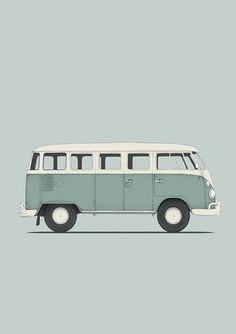 an old blue and white bus on a gray background