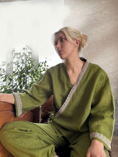 Pure softened linen women's kimono style 2 piece pajama set. Comfortable sleeping environment is made possible by the long sleeves, the relaxed fit, and the kimono styling. These stone washed linen set are great for relaxing around the house or for sleeping in.  Linen is amazingly suitable for hot summer climates because of its cooling and refreshing effect. on the other hand, it has a warming effect in winter. They are available in a range of colors and are perfect for any taste. This loungewea Kimono Pajamas Set, Winter Pajama Set, Spring Sleepwear For Relaxing At Home, Summer Cotton Sleepwear For Relaxing At Home, Green Relaxed Fit Sleepwear For Relaxation, Green Long Sleeve Sleepwear For Relaxation, Green Relaxed Fit Sleepwear, Green Relaxation Sleepwear For Spring, Green Comfortable Sets With Relaxed Fit