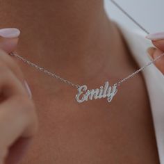 "Personalized Minimalist Name Necklace, Custom Name Necklace for Her, Christmas Gift for Mom, Dainty Name Necklace, Minimalist Necklace with Name, This necklace will be certainly GREAT GIFT for Christmas, Anniversary, Mother`s day, Birthday, Engagement, Bridesmaid or Girlfriends. INFO ABOUT PRODUCT *Material: High Quality 925 Sterling Silver/14K Solid Gold. *Finish: Sterling Silver, 14K Gold-Plated, 14K Rose Gold-Plated and 14K Solid Gold, 14K White Gold, 14K Rose Gold. *Chain Size: 14\", 16\", Everyday Silver Necklace With Custom Name, Customized Silver Necklace For Everyday, Silver Everyday Name Necklace With Clavicle Chain, Silver Clavicle Chain Name Necklace For Everyday, Sterling Silver Clavicle Chain Name Necklace As Gift, Custom Name White Gold Necklace As A Gift, Personalized White Gold Necklace For Gift, Elegant Personalized Nickel-free Name Necklace, White Gold Necklaces With Name For Gift