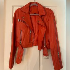 Amaryllis Peach Leather Jacket New Without Tags Excellent Condition Red Cropped Outerwear For Spring, Spring Cropped Outerwear With Zipper Closure, Cropped Outerwear With Zipper For Spring, Orange Leather Jacket, Jackets Women, Animal Coloring, Orange Leather, Leather Biker Jacket, Leather Jackets Women