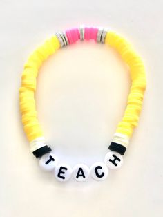 Teacher bracelet great gift for teacher appreciation or end of school year. Personalized Multicolor Bracelets For School, Multicolor Adjustable Jewelry For Teacher Appreciation, Personalized Yellow Stretch Bracelet As Gift, Personalized Multicolor Jewelry For Teacher Appreciation, Personalized Adjustable Yellow Friendship Bracelets, Customizable Adjustable Jewelry For School, Personalized Flexible Bracelets As Gifts, Flexible Personalized Bracelets As Gifts, Personalized Adjustable Bracelets For Teacher Appreciation