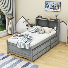 a child's bedroom with an open bookcase bed