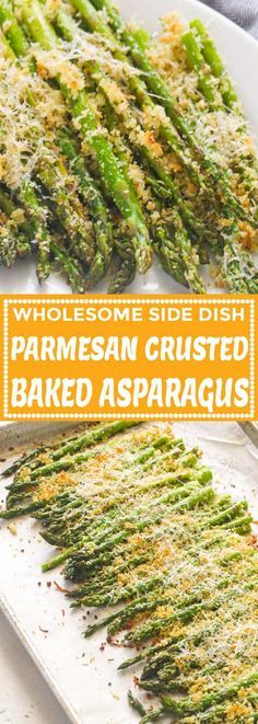 cooked parmesan crusted baked asparagus on a white platter with text overlay