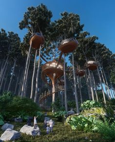 an artist's rendering of a forest with trees and plants in the foreground