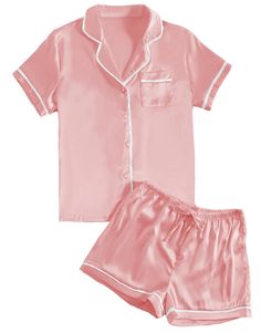 PRICES MAY VARY. Fabric: This satin 2piece pajamas set is made from high-quality satin, it's smooth, breathable and lightweight very comfortable for year round wear. Features: The silk sleepwear designed classic notch neck button front shirt top with chest pocket. And the short has comfy elastic waistband and adjustable drawstring and the loose fit and cozy style with beautiful detail that you can style from day to night. Unique design: Casual pajamas set is necessary for your around the house o Pijamas Women, Bridesmaid Pjs, Satin Pj Set, Pyjama Satin, Cute Pajama Sets, Seluar Pendek, Satin Short, Short Pj Set, Cute Pajamas