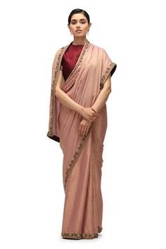 Fondant pink woven saree with sequin embroidered border. Paired with a woven garnet embroidered blouse hem. - Aza Fashions Pink Pre-draped Saree With Zari Weaving For Reception, Pink Pre-draped Saree For Reception With Zari Weaving, Pink Zari Weaving Blouse Piece For Reception, Pink Blouse With Zari Weaving For Reception, Pink Blouse Piece With Zari Weaving For Reception, Fondant Pink, Embroidered Border, Hem Blouse, Pink Sequin