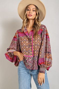 Puff Sleeve Button Up Blouse Boho Print Flowy Fit Collard w/ Full Button Front Smocked Cuffs 100% Polyester Sizing Recommendations Small 0/2/4 Medium 4/6/8 Large 8/10/12 Luxury Bohemian Blouse, Luxury Bohemian Sets With Unstitched Blouse, Luxury Bohemian Blouse Piece With Printed Motifs, Luxury Long Sleeve Peasant Top With Blouson Sleeves, Luxury Bohemian Blouse With Bishop Sleeves, Hippie Blouse, Boho Beauty, Paisley Fabric, Boho Blouse