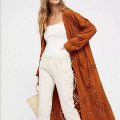 Free People Suede Maxi Duster Coat Rust-Brown Mallorca Laser Cut Paisley Super Soft Unlined Slouchy Easy Fit Coat/Layering Piece New Without Tags * Size: Small Retail Price: $700.00 Suede * There Is A Line Through The Tag To Prevent Store Return 42" Around The Bust 48" Long Long Brown Suede Jacket Outfit, Brown Long Cardigan For Spring, Long Brown Spring Outerwear, Brown Long Outerwear For Spring, Long Brown Outerwear For Spring, Brown Open Front Summer Outerwear, Chic Brown Open Front Outerwear, Fitted Brown Summer Outerwear, Brown Suede Jacket Outfit