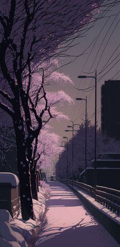 a snowy street lined with power lines and trees covered in snow at dusk, under a purple sky