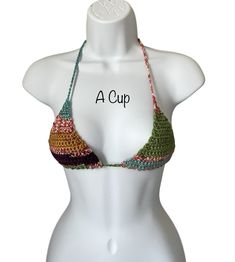 🤎Gorgeous adjustable crochet bikini top!  🤎Boho Inspired.  🤎Adjustable band at the bottom of each bra cup that wraps around your back!  Neck straps can be criss-crossed if desired!  🤎Acrylic.  🤎Hand wash. Lay flat to dry. Do not iron. 🤎If you have any questions please send me a message.  🤎 Happy Shopping! 🛍 Bohemian Bra-friendly Halter Top For Vacation, Summer Halter Top With Built-in Bra And Adjustable Fit, Bohemian Halter Top With Built-in Bra For Beach, Adjustable Straps Halter Top For Vacation, Adjustable Bra Friendly Halter Top For Beach, Adjustable Bra-friendly Halter Top For Beach, Handmade Triangle Halter Top For Beach, Bra Friendly Halter Top For Beach Festivals, Beach Season Halter Top Bra Friendly