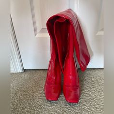 A Stiletto Heel Adds Extra Cool Factor To These Ultra-Sleek Square-Toe Over-The-Knee Boots From I.N.C. International Concepts Red Patent 3-3/4" Stiletto Heel Shaft Height: 20-1/10"; Circumference: 7-3/10"; Measured On A Size 6 Square-Toe Boots With Half-Zipper Closure Cushioned Insole And Flexible Sole For Added Comfort Note: Shaft Height And Circumference Vary By Size. Created For Macy's Pu/Manmade Upper; Fabric Lining; Rubber Sole Imported Red Fitted Block Heel Shoes, Fitted Red Block Heels, Fitted Patent Leather Boots With Red Sole, Party Boots With Red Sole And Square Toe, Red Fitted Patent Leather Boots, Fitted Red Patent Leather Boots, Red Fitted Synthetic Boots, Red Synthetic Boots, Fitted Red Synthetic Boots