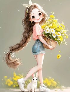 a girl with long hair holding a basket of flowers next to a small white rabbit