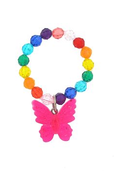 a bracelet with colorful beads and a butterfly charm