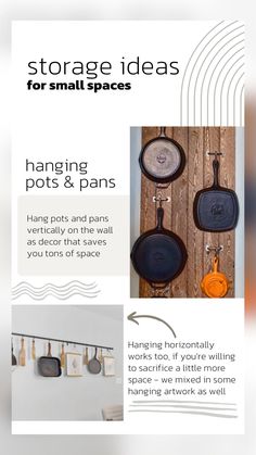 an advertisement for small spaces hanging pots and pans