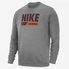 It's your game. Make sure everybody know in this classic Nike crew-neck top. Soft fleece is warm and comfortable for when the temperatures start to drop. Nike Club Fleece, Nike Crew Neck, Mens Lacrosse, Crew Neck Top, Mens Activewear, Lacrosse, Dark Grey, Active Wear, Sweatshirts Hoodie