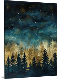 the night sky with stars and trees painted on it in gold, blue and black