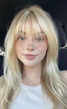 Blonde Haircuts Layers, Cute Hair For Round Face, Blonde Hair Layers Bangs, Very Light Wispy Bangs, Icy Blonde Hair With Bangs, Winter Hairstyles With Bangs, Wispy Full Bangs, Wispy Straight Across Bangs, Blond Wispy Bangs