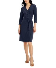 Make timeless sophistication part of your rotation with this Alfani dress, a wrap silhouette that's always stylish. Approx. model height is 5'10" and she is wearing a size small Surplice neckline; Wrap silhouette Tie closure at front 3/4-sleeves On-seam pockets at sides XS=0-2, S=2-4, M=6-8, L=10-12, XL=14-16 Lined Polyester/spandex; lining: polyester Machine washable Imported , Web ID: 13895928 Fitted Faux Wrap Dresses For Fall, Faux Wrap Fitted Midi Dress, Fitted Formal Midi Dress With Faux Wrap, Formal Fitted Midi Dress With Faux Wrap, Formal Fitted Faux Wrap Midi Dress, Formal Knee-length Faux Wrap Dress, Elegant Knee-length Faux Wrap Dress, Formal Midi-length Faux Wrap Dress, Formal Midi Length Faux Wrap Dress