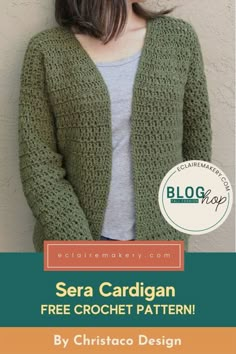 a woman standing in front of a wall wearing a green crochet cardigan