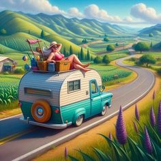 a painting of a woman sitting on the roof of a camper van driving down a country road