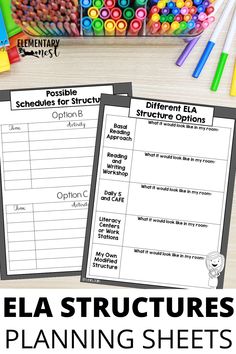 the ela structure worksheet is shown with pencils and crayons