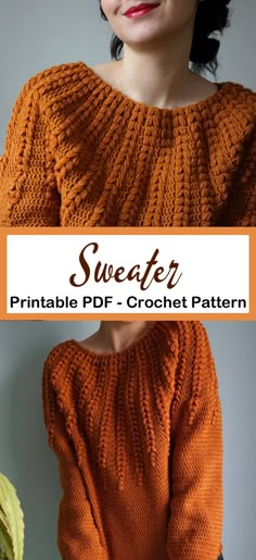 a woman wearing an orange sweater with text overlay that reads, sweater printable pdf - crochet pattern