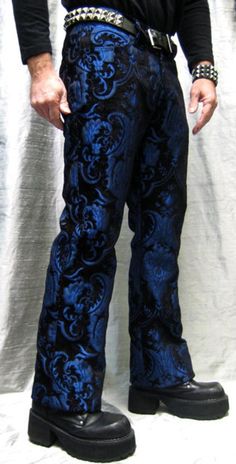 "Awesome bohemian rocker pants with a classic straight leg cut for special occasions or every day. Made in rich blue/black tapestry fabric with a medium rise waist and wide belt loops. Two front pockets and two back pockets with a zip fly. Black satin pocket lining inside. These run long.. have them hemmed if necessary. Comes in sizes 30,32,34,36,38,40. Sweeeet! Actual measurements: Size 30 = Waist 31.5\" Inseam Length 34.5\" Size 32 = Waist 33\" Inseam Length 34.5\" Size 34 = Waist 35\" Inseam Blue Fitted Bottoms With Standard Cut Leg, Fitted Blue Bottoms With Standard Cut Leg, Fitted Blue Bottoms, Blue Fitted Jeans With Standard Cut Leg, Fitted Blue Jeans With Standard Cut Leg, Blue Fitted Jeans For Formal Occasions, Formal Blue Fitted Jeans, Blue Fitted Wide Leg Dress Pants, Fitted Blue Pants