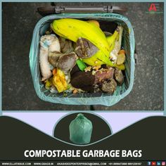 a trash can filled with lots of different types of garbage and the words compostable garbage bags