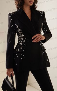 Luxury Crystal Black Women Suit Pants Set 2-Pieces Wedding Blazer+Trousers Prom Dress Formal Office Western Blouses, Modern Blouse Designs, Women Suit Pants, Grad Outfits, Blouses Designs, Collection Ideas, Elegant Dresses Classy, Embellished Jacket, Woman Suit Fashion