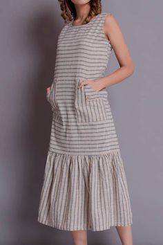 "Linen Maxi, Maxi with patch pocket, Linen Sleeveless Maxi Dress, Beige Dress, Stripes dress for women - Handmade by Modernmoveboutique This dress is available in 2 types of fabrics :- - (S) Solid - (YD) Yarn Dyed >DESCRIPTION< - standard fit - made from Yarn dyed Linen. The fabric is of medium weight (185 g). - the model is 172 cm high (regular XS - S) and is wearing size S. - color or pattern in the picture - BEIGE STRIPES - (YD) YARN DYED (Please choose colors or patterns from drop down Maxi Dress Tutorials, Stripes Dress, Patch Dress, Beige Dress, Dress Tutorials, Dress Beige, Dyed Linen, Beige Dresses, Rose Dress