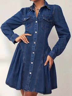 Elegant Retro Denim Dress with Ruffled Lapel Vintage Dark Wash Denim Dress, Vintage Long-sleeve Denim Dress For Spring, Vintage Denim Button-up Dress, Long Sleeve Denim Dress, Vintage Button-up Denim Dress In Medium Wash, Fitted Denim Dress With Zipper Closure, Mini Length, Women's Denim Jeans, Graduation Outfits, Denim Chic