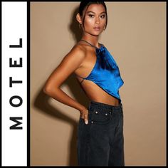 Nwt Motel Midnight Blue Satin Spense Halter Top Sz Xxl Diamond Shape Design Halterneck Straps Strappy Backless Finish Sleek, Satin Fabrication Armpit To Armpit Approx 20.5” Midnight Blue Polyester Blue Club Tops For Spring, Blue Tops For Club And Spring Season, Blue Tops For Spring Club Season, Blue Backless Tops For Night Out, Blue Backless Party Top, Chic Blue Halter Top For Evening, Blue Sleeveless Flirty Tops, Flirty Sleeveless Blue Top, Chic Blue Top For Night Out