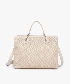 The Madrid structured woven satchel features a classic structured design with dual handles attached with a grommet-and-claw design. The cream woven design makes this a perfect summer bag. The included vegan-leather strap is adjustable for a customized fit. Caring For Your HandbagFor light dirt, clean with a soft cloth and warm water. For textured surfaces, you may use a dampened brush (like a toothbrush) to clean in the grooves.For stubborn marks, try a gentle dish detergent on a cloth or sponge Elegant Woven Leather Satchel For On-the-go, Cream Woven Leather Bag, Beige Woven Leather Bag For On-the-go, Everyday Beige Woven Leather Satchel, Cream Top Handle Bag With Woven Leather, Elegant Woven Shoulder Bag For On-the-go, Spring Woven Leather Top Handle Bag, Cream Woven Leather Bag For Daily Use, Spring Top Handle Bag In Woven Leather